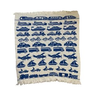 Car Truck Plane Bus Boat Transportation Afghan Throw Blanket Kid Baby Blue White